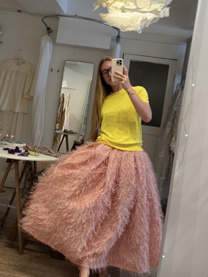 Jupe « MICHELLE » tissu scintillant rose - BIENTÔT DISPONIBLE